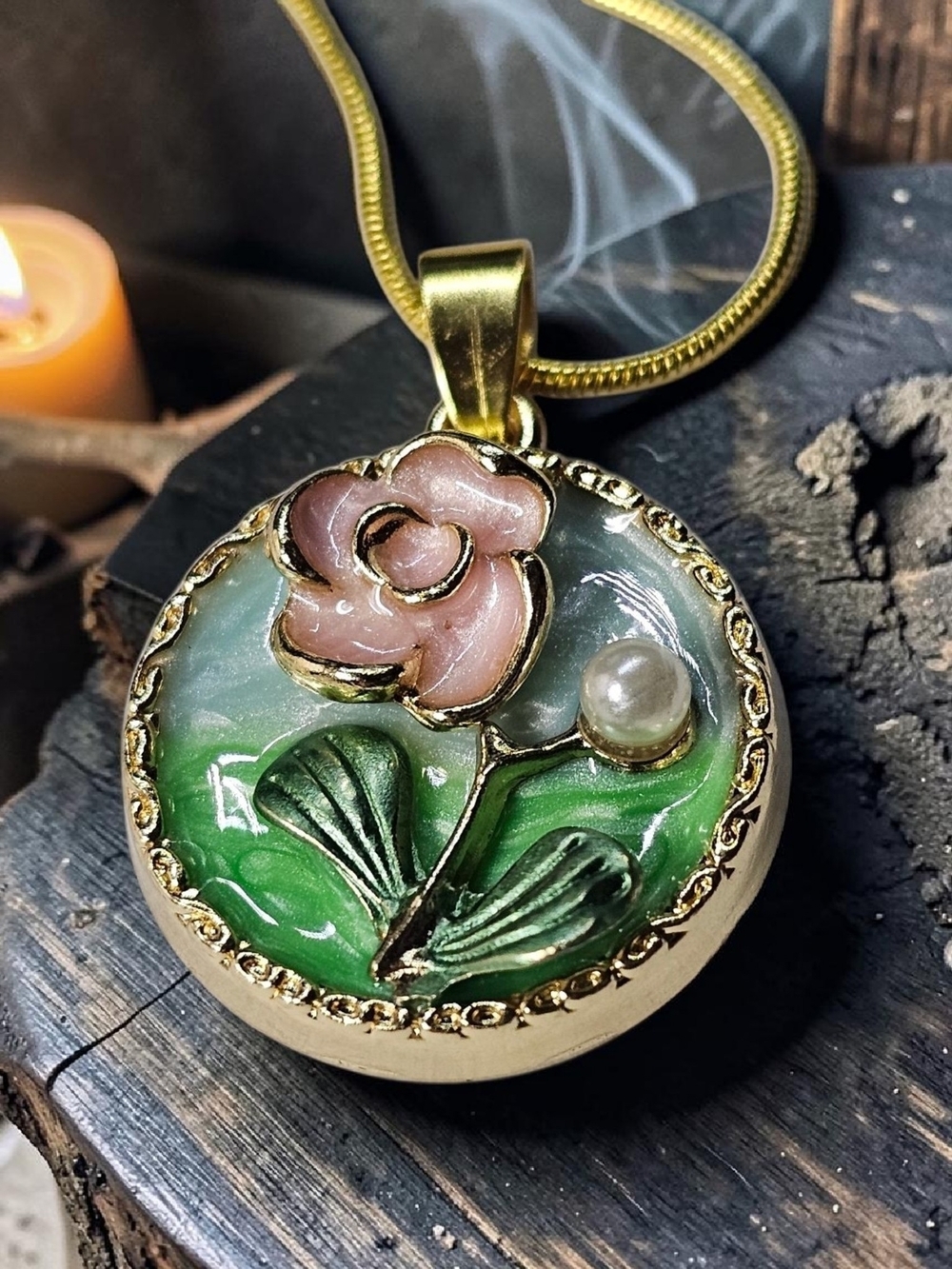 Gold Pendant Necklace with Pink Rose and Green Enamel